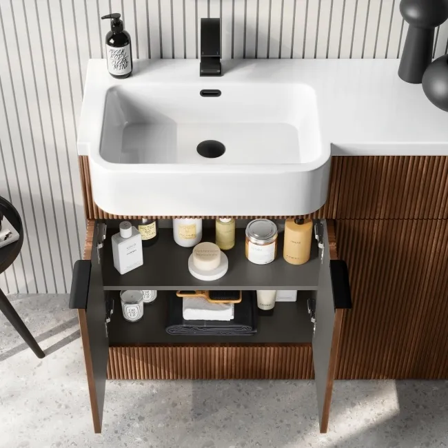 Sicily Fluted Black Walnut Basin Vanity and Back To Wall Toilet Unit 1200mm (Excludes Toilet) - Black Accents - Left Handed