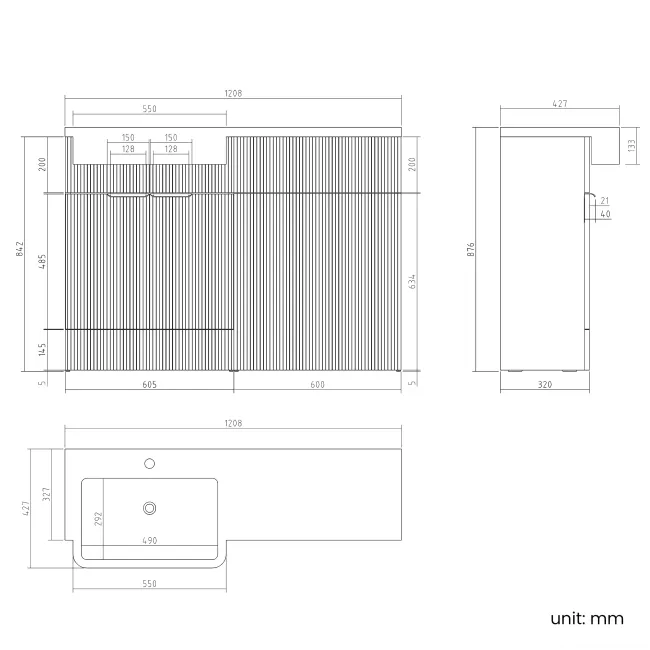 Sicily Fluted Black Walnut Basin Vanity and Back To Wall Toilet Unit 1200mm (Excludes Toilet) - Black Accents - Left Handed