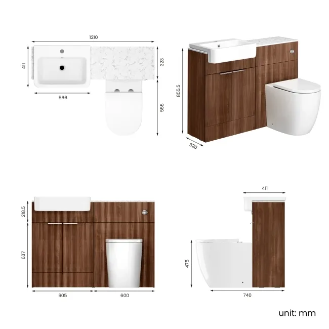 Sicily Fluted Black Walnut Combination Vanity Basin with Marble Top & Utah Comfort Height Toilet 1200mm - Chrome Handles