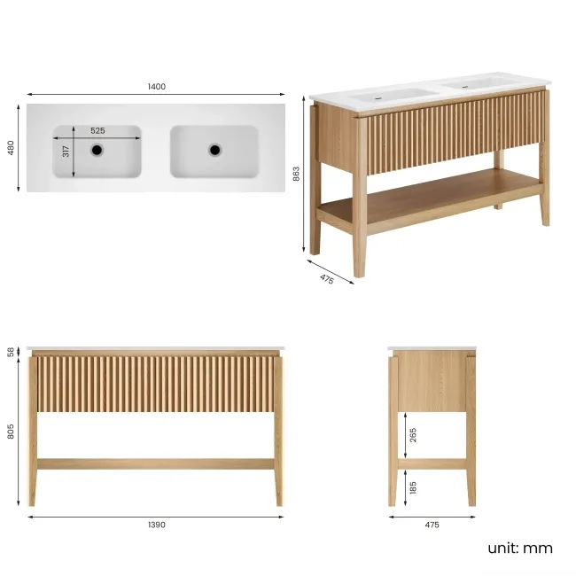 Maru Oak Wood Grain Vanity Unit 1400mm