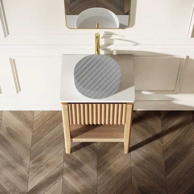 Maru Oak Wood Grain Vanity Cabinet 600mm with Matt White Stone Top - Basin Not Included