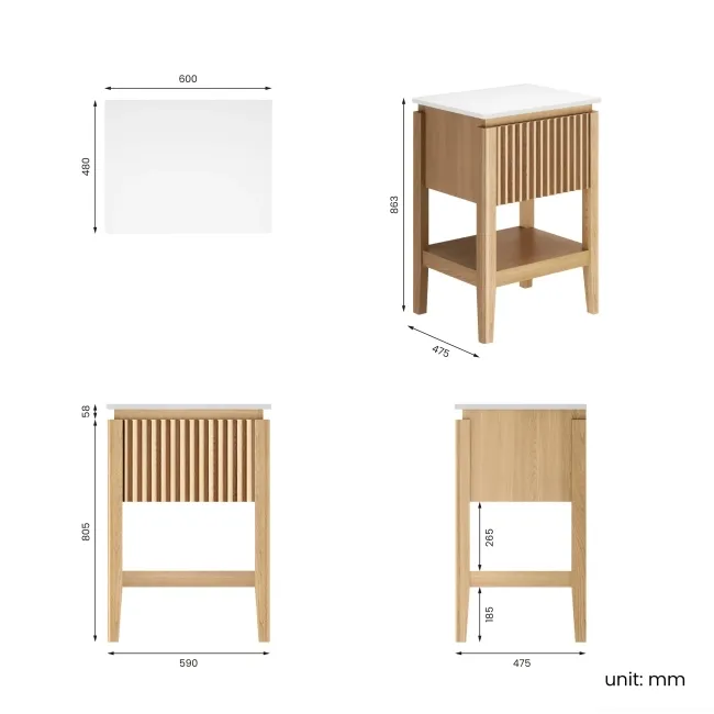 Maru Oak Wood Grain Vanity Cabinet 600mm with Matt White Stone Top - Basin Not Included