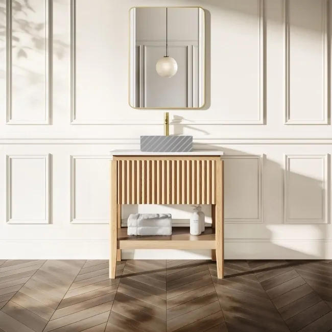 Maru Oak Wood Grain Vanity Cabinet 800mm with Matt White Stone Top - Basin Not Included