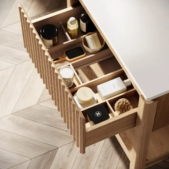 Maru Oak Wood Grain Vanity Cabinet 800mm with Matt White Stone Top - Basin Not Included