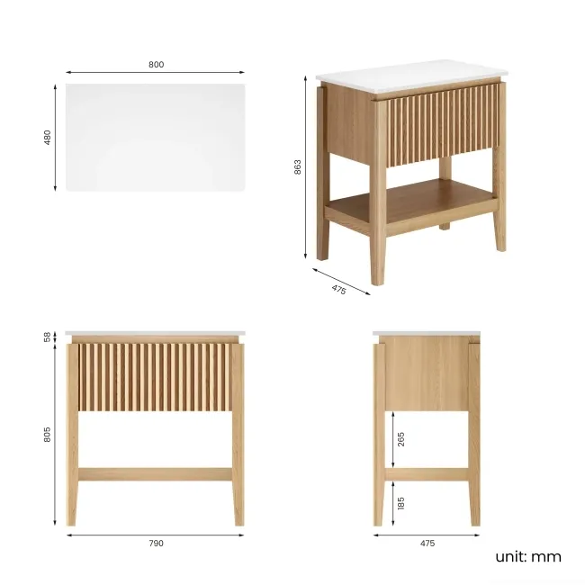 Maru Oak Wood Grain Vanity Cabinet 800mm with Matt White Stone Top - Basin Not Included