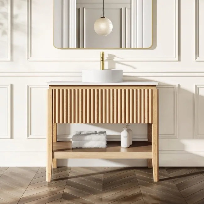 Maru Oak Wood Grain Vanity Cabinet 1000mm with Matt White Stone Top - Basin Not Included