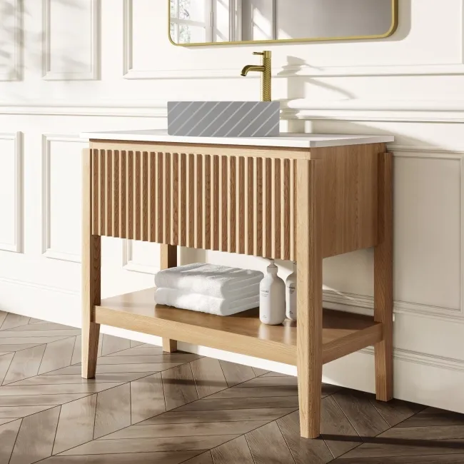 Maru Oak Wood Grain Vanity Cabinet 1000mm with Matt White Stone Top - Basin Not Included