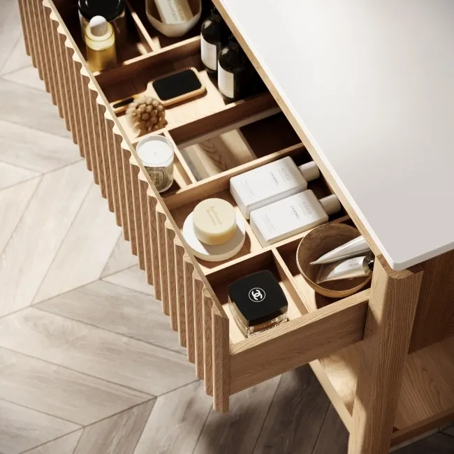 Maru Oak Wood Grain Vanity Cabinet 1000mm with Matt White Stone Top - Basin Not Included