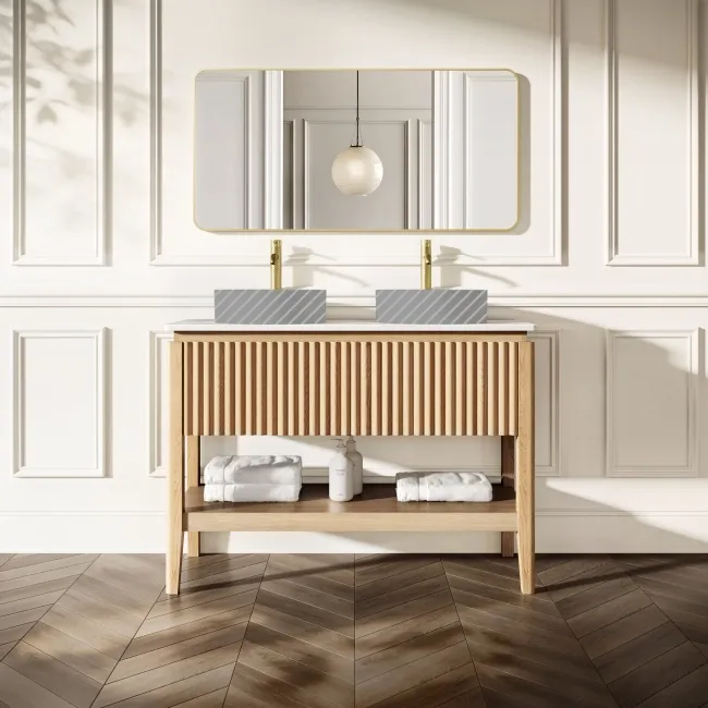 Maru Oak Wood Grain Vanity Cabinet 1200mm with Matt White Stone Top - Basin Not Included