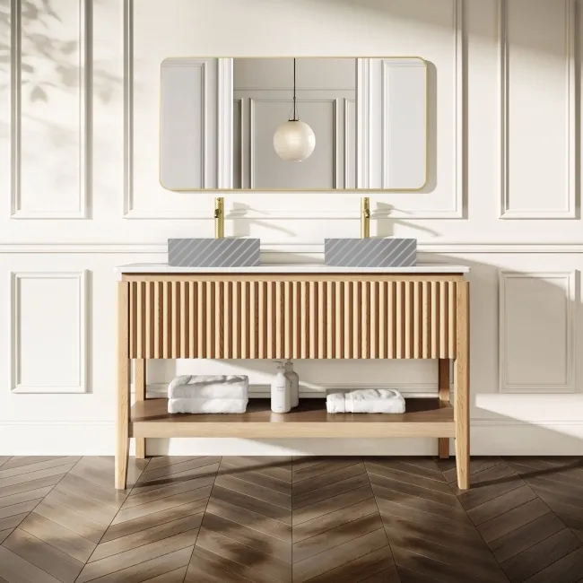 Maru Oak Wood Grain Vanity Cabinet 1400mm with Matt White Stone Top - Basin Not Included