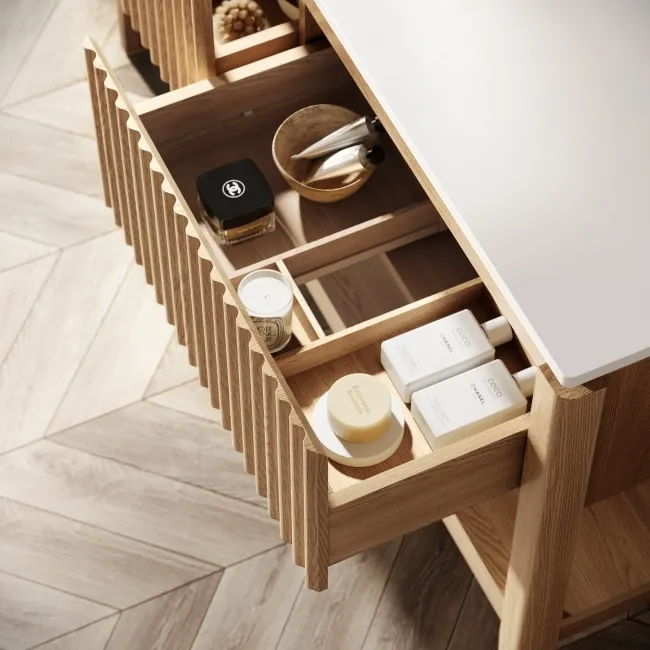 Maru Oak Wood Grain Vanity Cabinet 1400mm with Matt White Stone Top - Basin Not Included