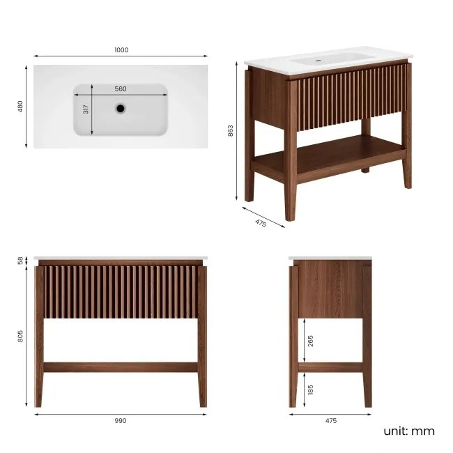 Maru Walnut Wood Grain Vanity Unit 1000mm
