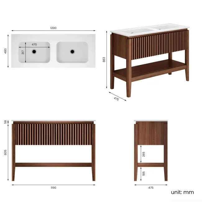 Maru Walnut Wood Grain Vanity Unit 1200mm