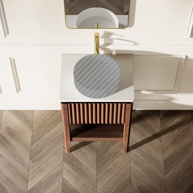 Maru Walnut Wood Grain Vanity Cabinet 600mm with Matt White Stone Top - Basin Not Included