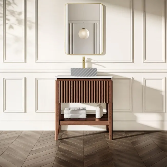 Maru Walnut Wood Grain Vanity Cabinet 800mm with Matt White Stone Top - Basin Not Included