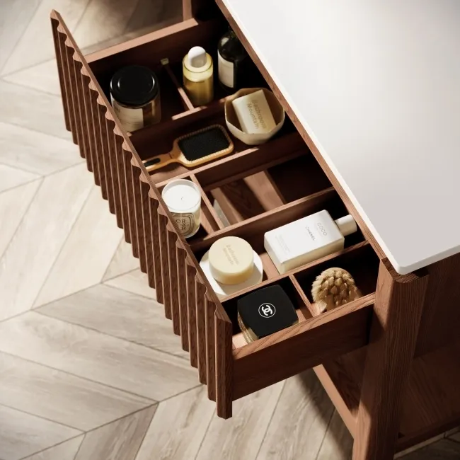 Maru Walnut Wood Grain Vanity Cabinet 800mm with Matt White Stone Top - Basin Not Included