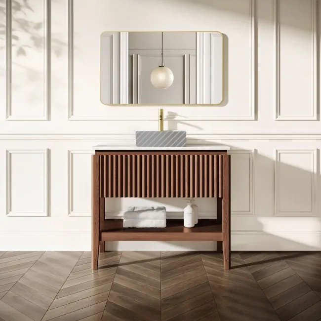 Maru Walnut Wood Grain Vanity Cabinet 1000mm with Matt White Stone Top - Basin Not Included