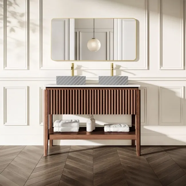 Maru Walnut Wood Grain Vanity Cabinet 1200mm with Matt White Stone Top - Basin Not Included