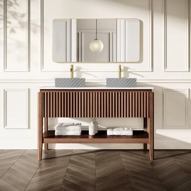 Maru Walnut Wood Grain Vanity Cabinet 1400mm with Matt White Stone Top - Basin Not Included