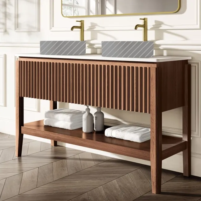 Maru Walnut Wood Grain Vanity Cabinet 1400mm with Matt White Stone Top - Basin Not Included
