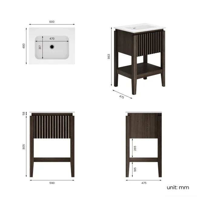 Maru Black Oak Wood Grain Vanity Unit 600mm