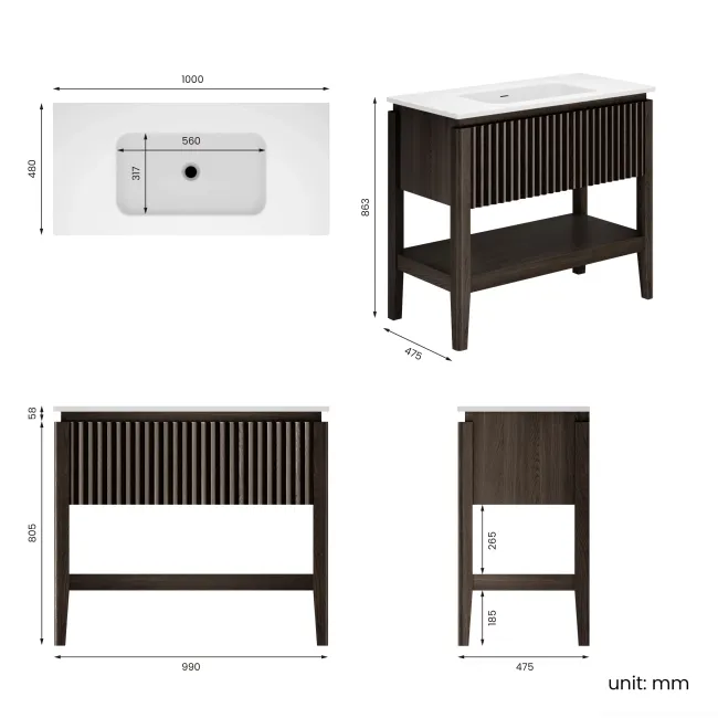 Maru Black Oak Wood Grain Vanity Unit 1000mm