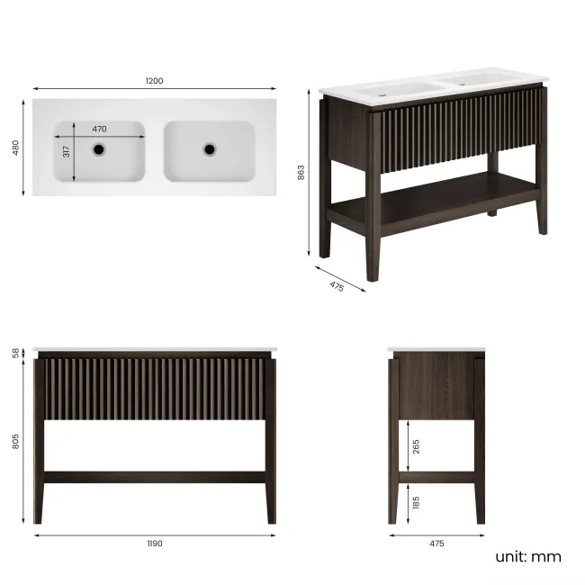 Maru Black Oak Wood Grain Vanity Unit 1200mm