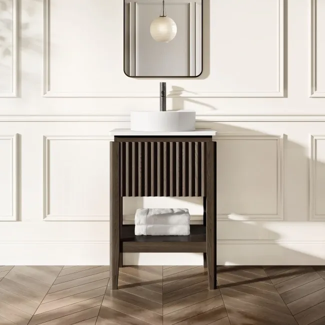 Maru Black Oak Wood Grain Vanity Cabinet 600mm with Matt White Stone Top - Basin Not Included