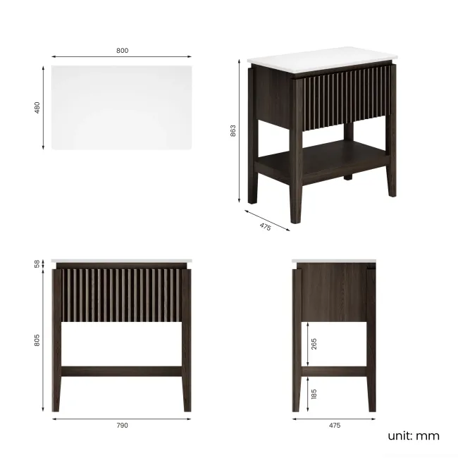 Maru Black Oak Wood Grain Vanity Cabinet 800mm with Matt White Stone Top - Basin Not Included