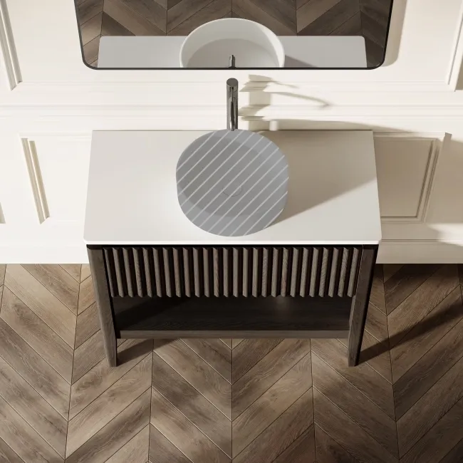 Maru Black Oak Wood Grain Vanity Cabinet 1000mm with Matt White Stone Top - Basin Not Included