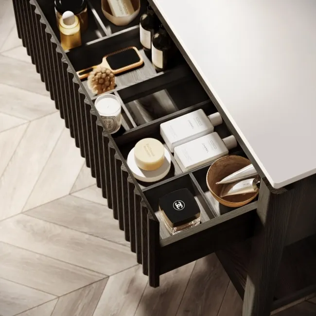 Maru Black Oak Wood Grain Vanity Cabinet 1000mm with Matt White Stone Top - Basin Not Included