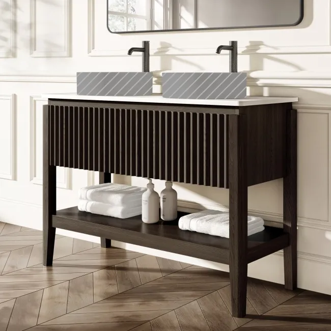 Maru Black Oak Wood Grain Vanity Cabinet 1200mm with Matt White Stone Top - Basin Not Included