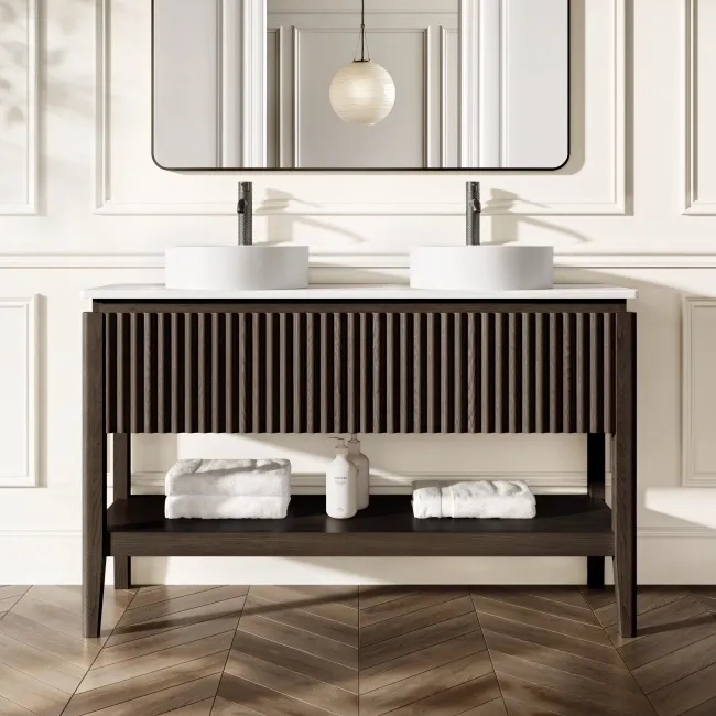 Maru Black Oak Wood Grain Vanity Cabinet 1400mm with Matt White Stone Top - Basin Not Included