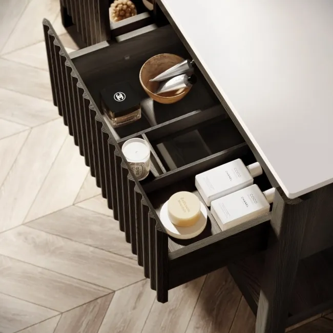 Maru Black Oak Wood Grain Vanity Cabinet 1400mm with Matt White Stone Top - Basin Not Included