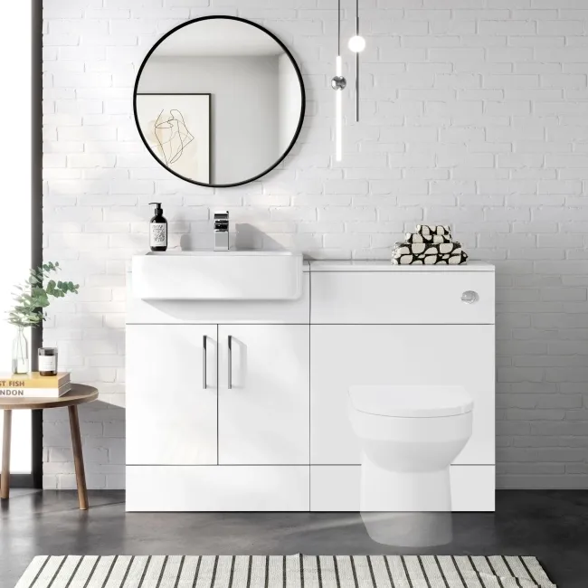 100% Waterproof - Harper Gloss White PVC Basin Vanity and Back To Wall Toilet Unit 1200mm - Excludes Toilet