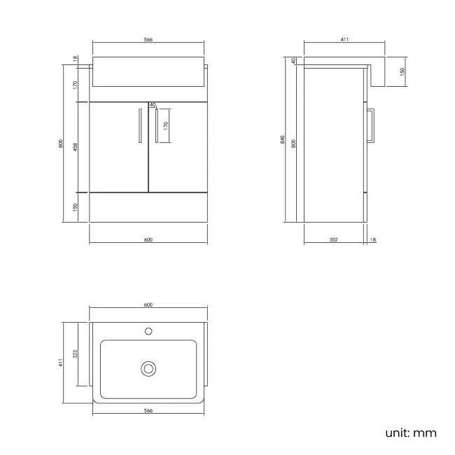 100% Waterproof - Harper Gloss White PVC Vanity with Semi Recessed Basin 600mm - Black Accents