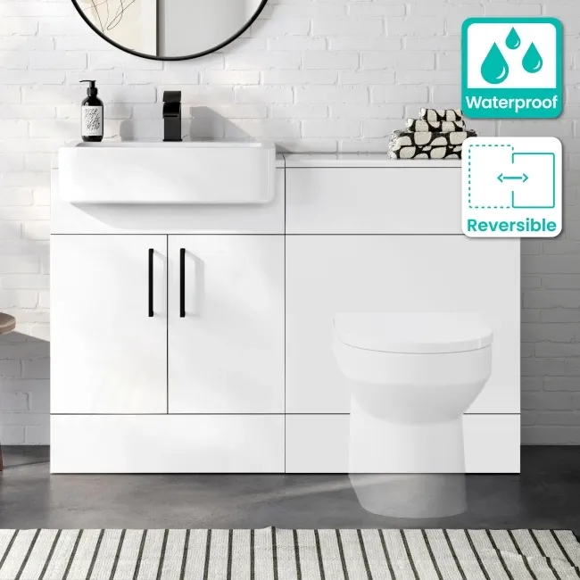 100% Waterproof - Harper Gloss White PVC Basin Vanity and Back To Wall Toilet Unit 1200mm (Excludes Toilet) - Black Accents