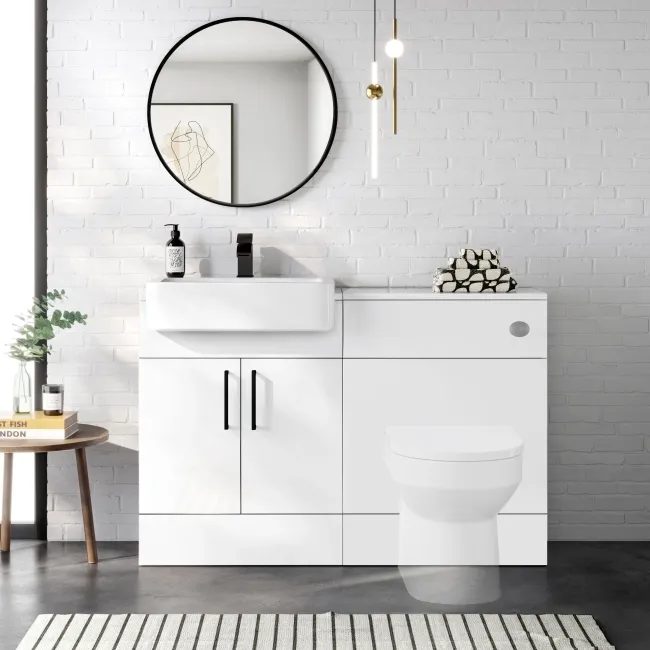 100% Waterproof - Harper Gloss White PVC Basin Vanity and Back To Wall Toilet Unit 1200mm (Excludes Toilet) - Black Accents