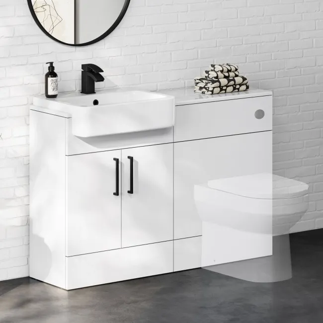 100% Waterproof - Harper Gloss White PVC Basin Vanity and Back To Wall Toilet Unit 1200mm (Excludes Toilet) - Black Accents