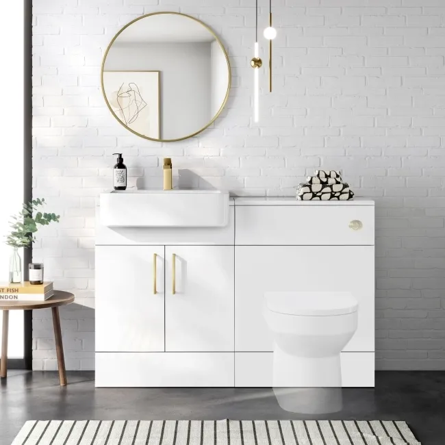 100% Waterproof - Harper Gloss White PVC Basin Vanity and Back To Wall Toilet Unit 1200mm (Excludes Toilet) - Brushed Brass Accents