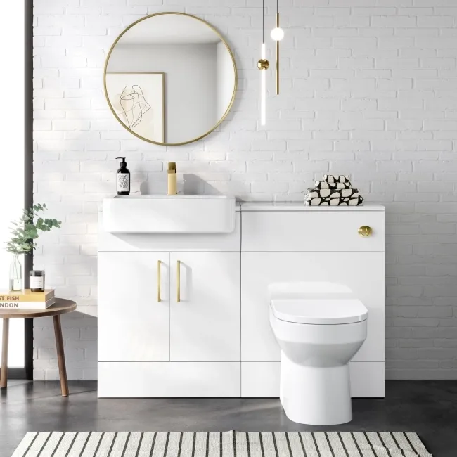 100% Waterproof - Harper Gloss White PVC Combination Vanity Basin and Miami Toilet 1200mm - Brushed Brass Accents