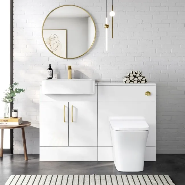 100% Waterproof - Harper Gloss White PVC Combination Vanity Basin and Houston Toilet 1200mm - Brushed Brass Accents
