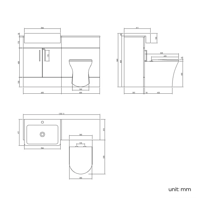 100% Waterproof - Harper Gloss White PVC Combination Vanity Basin and Houston Toilet 1200mm - Brushed Brass Accents