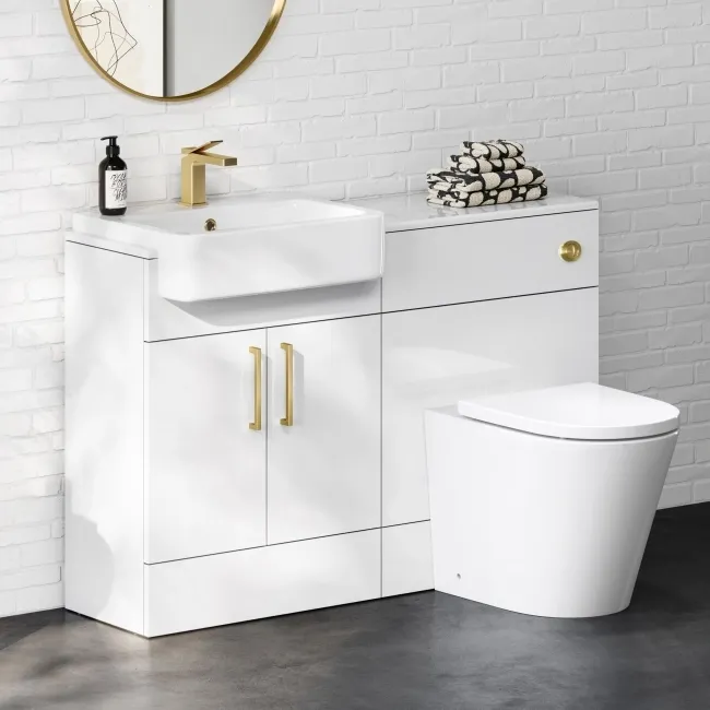 100% Waterproof - Harper Gloss White PVC Combination Vanity Basin and Boston Toilet 1200mm - Brushed Brass Accents