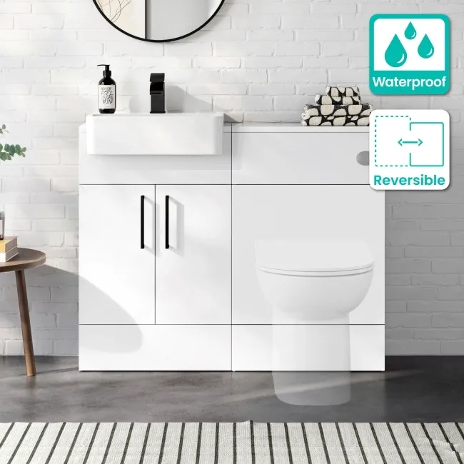 100% Waterproof - Harper Gloss White PVC Basin Vanity and Back To Wall Toilet Unit 1000mm (Excludes Toilet) - Black Accents