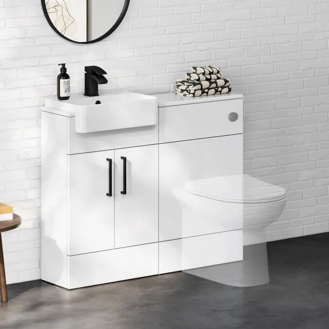 100% Waterproof - Harper Gloss White PVC Basin Vanity and Back To Wall Toilet Unit 1000mm (Excludes Toilet) - Black Accents