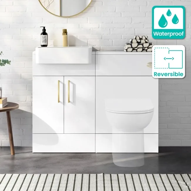 100% Waterproof - Harper Gloss White PVC Basin Vanity and Back To Wall Toilet Unit 1000mm (Excludes Toilet) - Brushed Brass Accents