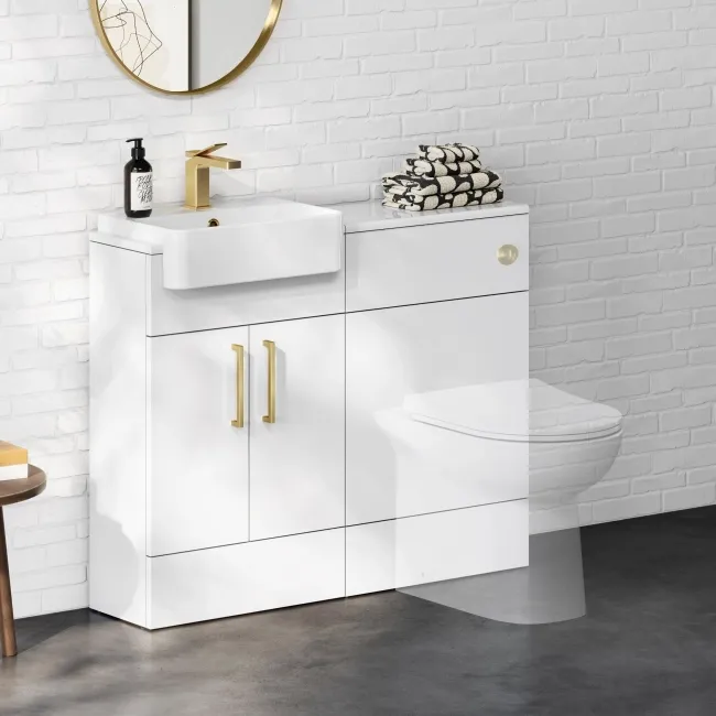 100% Waterproof - Harper Gloss White PVC Basin Vanity and Back To Wall Toilet Unit 1000mm (Excludes Toilet) - Brushed Brass Accents