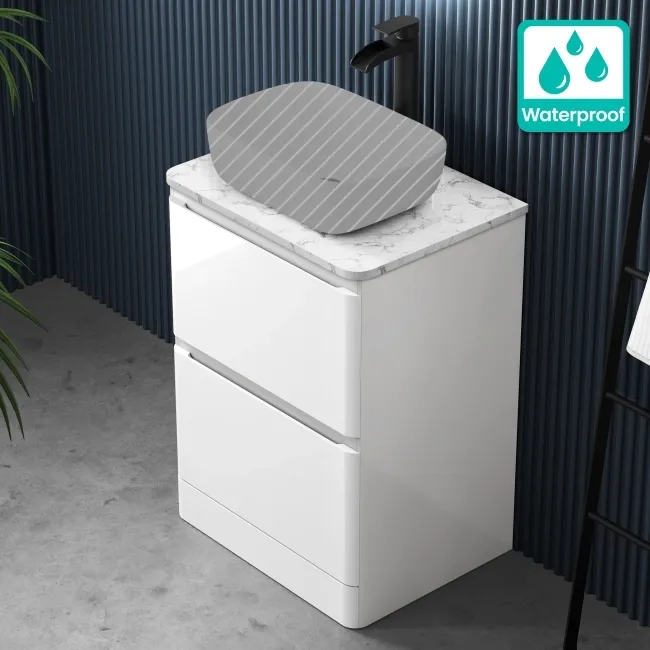 100% Waterproof - Corsica Gloss White PVC Drawer Vanity with Marble Top 600mm (Excludes Counter Top Basin)