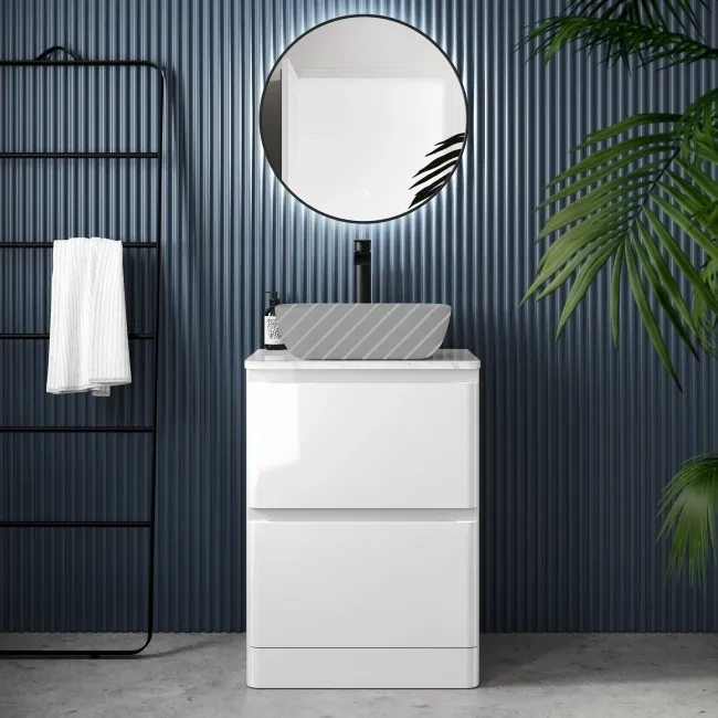 100% Waterproof - Corsica Gloss White PVC Drawer Vanity with Marble Top 600mm (Excludes Counter Top Basin)